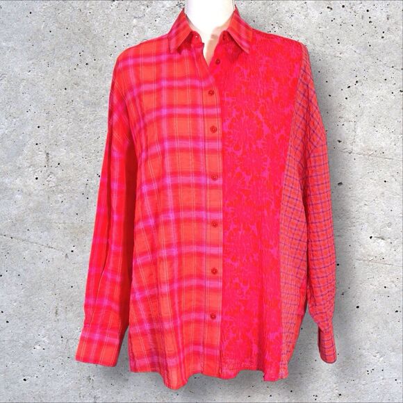 Desigual Patchwork Plaid Shirt Orange Pink Red Womens Small Oversized Button Up - Picture 1 of 15